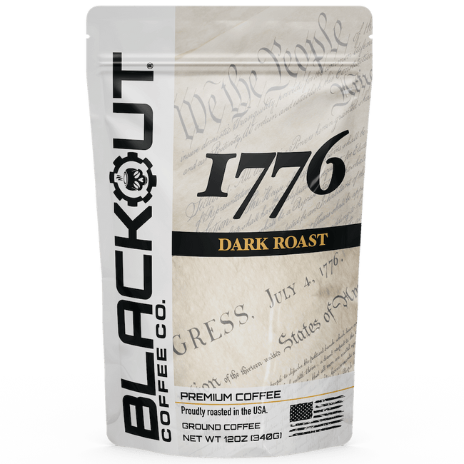 Coffee package with 'Blackout Coffee Co.' branding and '1776 Dark Roast' text