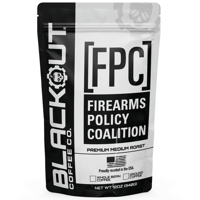 Coffee bag from Blackout Coffee Co. with Firearms Policy Coalition branding.