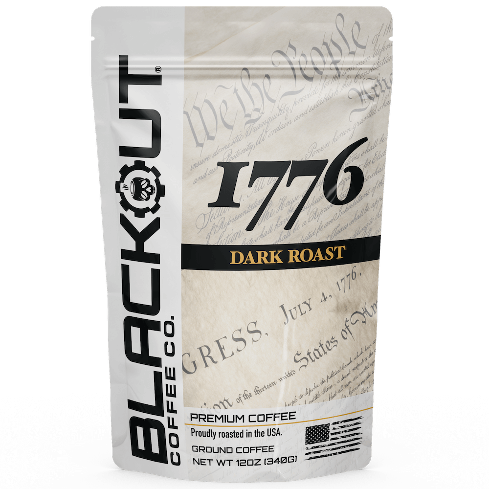 Coffee package with 'Blackout Coffee Co.' branding and '1776 Dark Roast' text