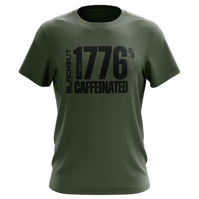 Green t-shirt with black text '1776% Caffeinated'