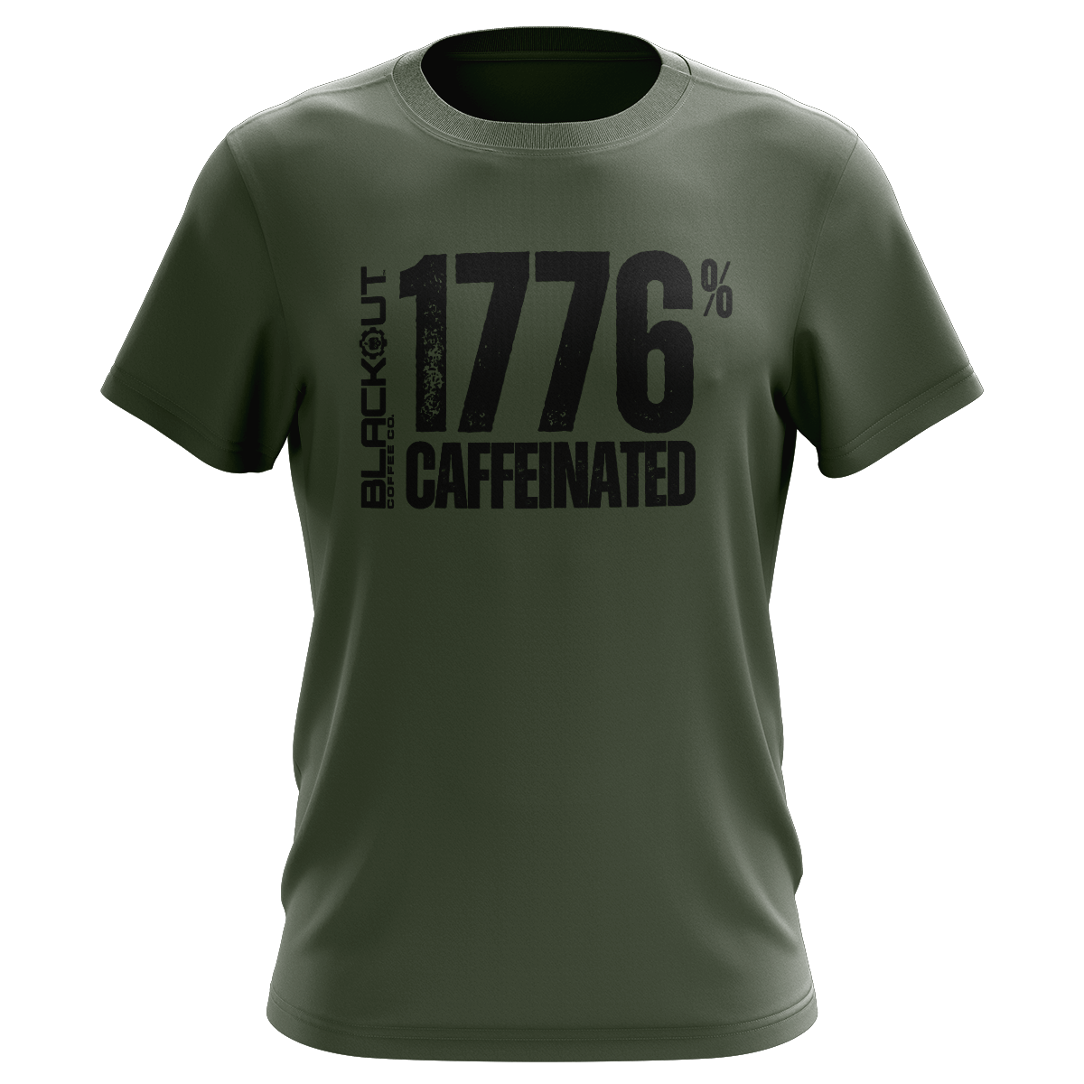 Green t-shirt with black text '1776% Caffeinated'