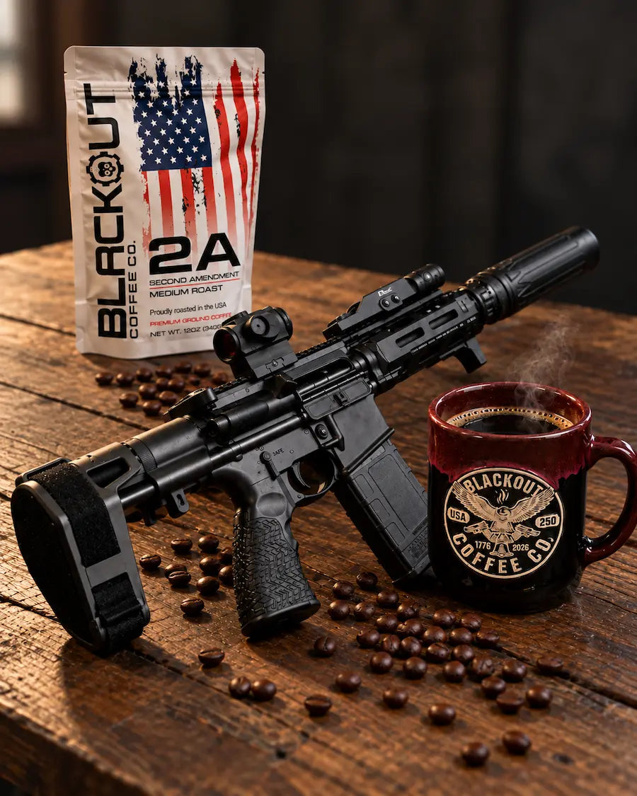 Bag of Second Amendment Coffee and rifle.