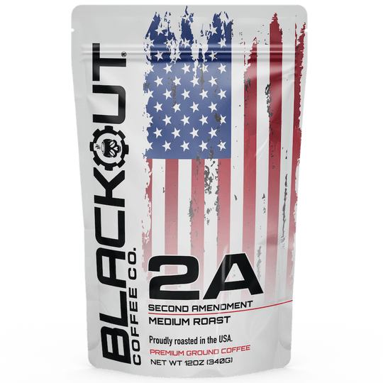 Blackout Coffee Co. 2A Second Amendment coffee package with American flag design on a black background
