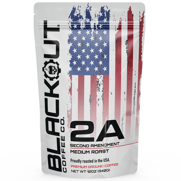 Blackout Coffee Co. 2A Second Amendment coffee package with American flag design on a black background