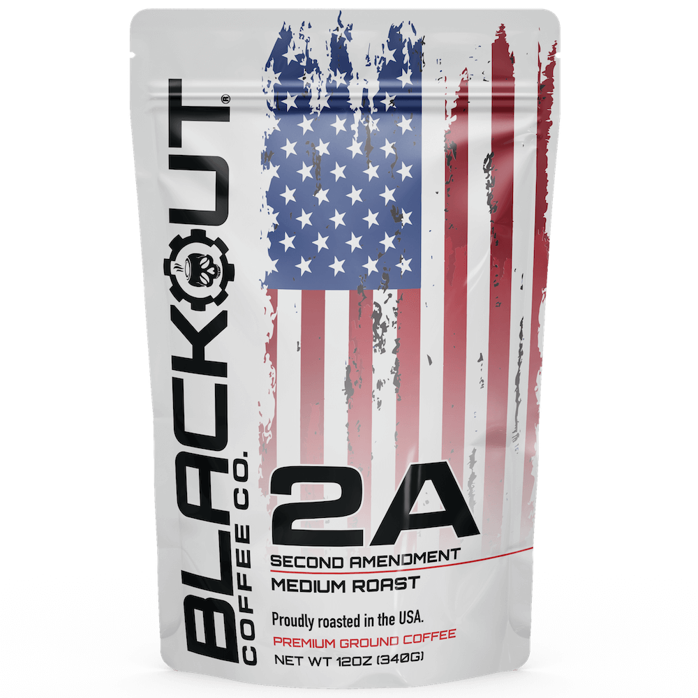 Blackout Coffee Co. 2A Second Amendment coffee package with American flag design on a black background