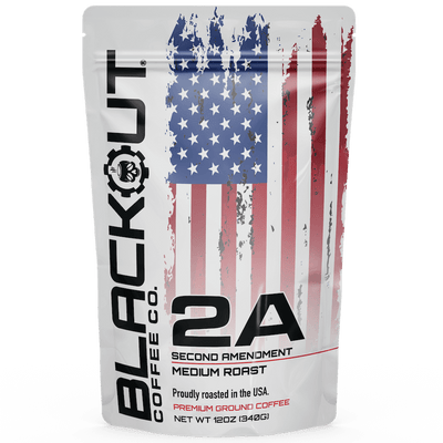 Blackout Coffee Co. 2A Second Amendment coffee package with American flag design on a black background