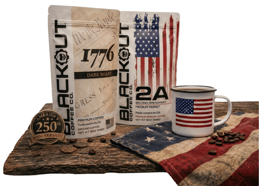 Blackout Coffee dark roast coffee bag and black coffee mug