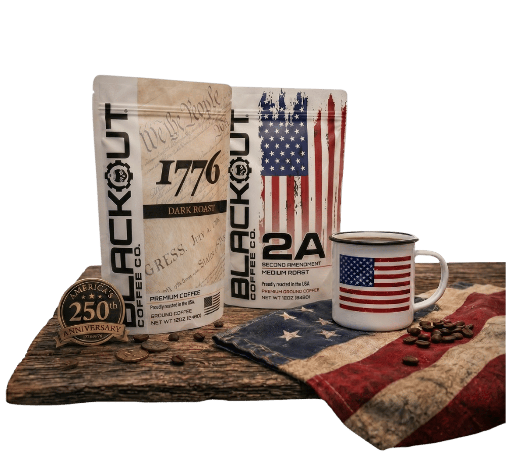 Blackout Coffee dark roast coffee bag and black coffee mug