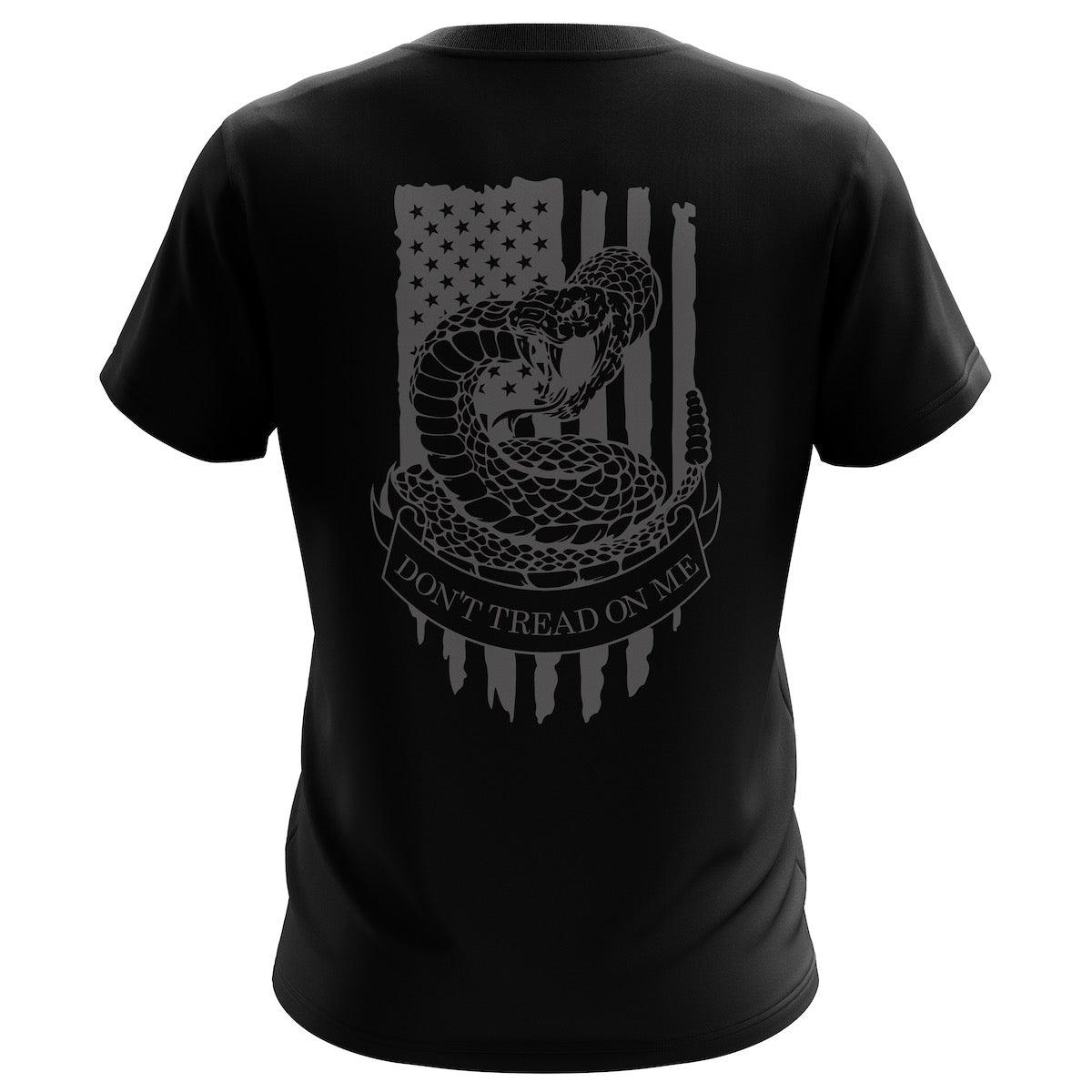 BOCC Logo & DTOM Flag Black T-Shirt: back with printed "dont tread on me"
