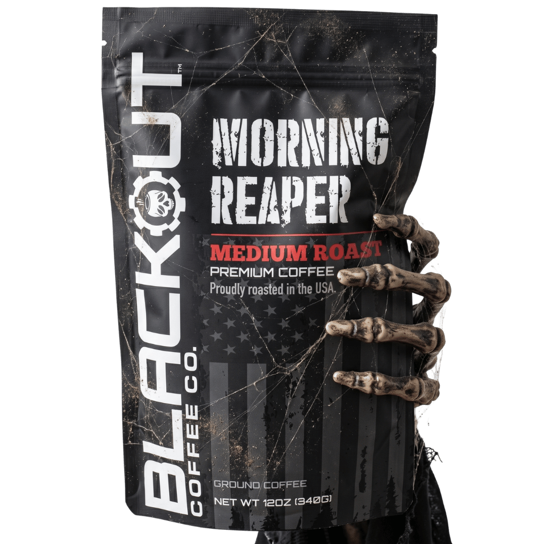 Blackout Coffee dark roast coffee bag and black coffee mug