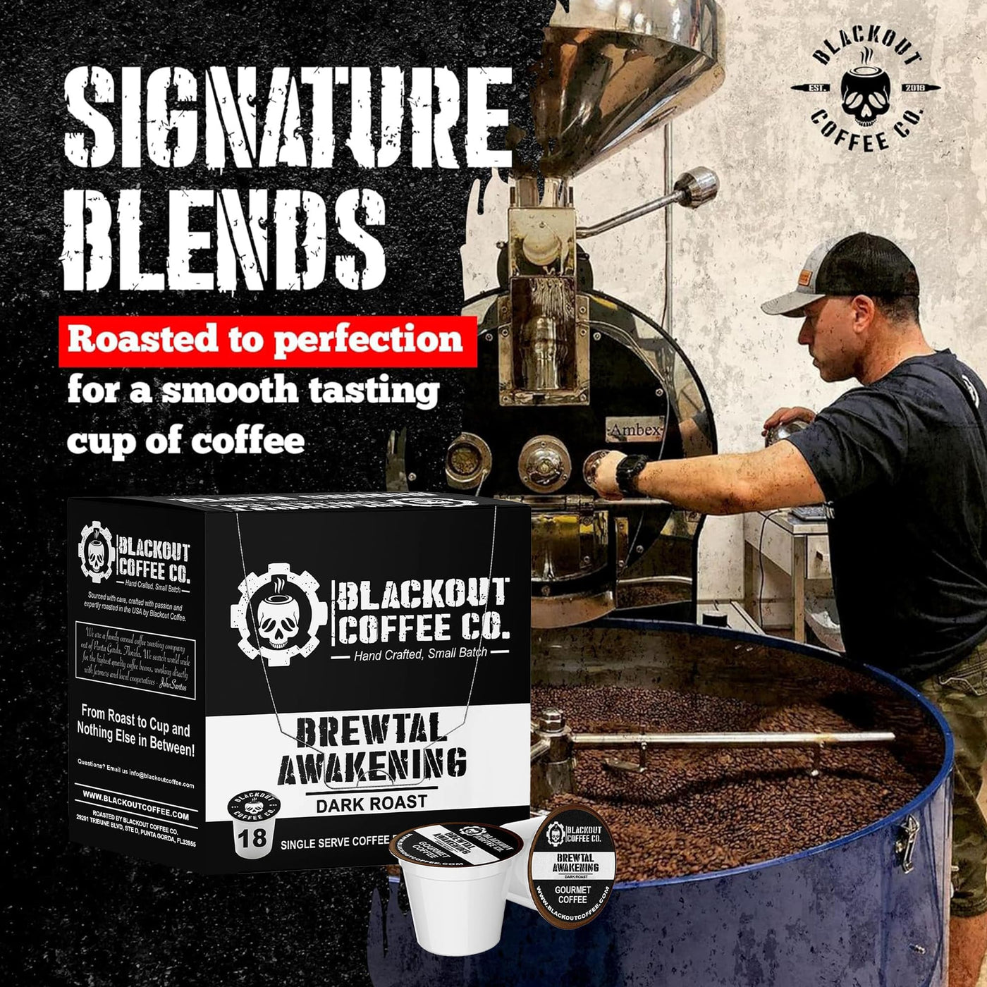 BREWTAL AWAKENING DARK ROAST COFFEE PODS 18CT roasting
