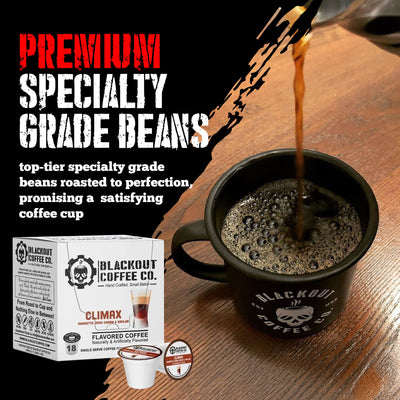 CLIMAX FLAVORED COFFEE PODS 18CT in cup
