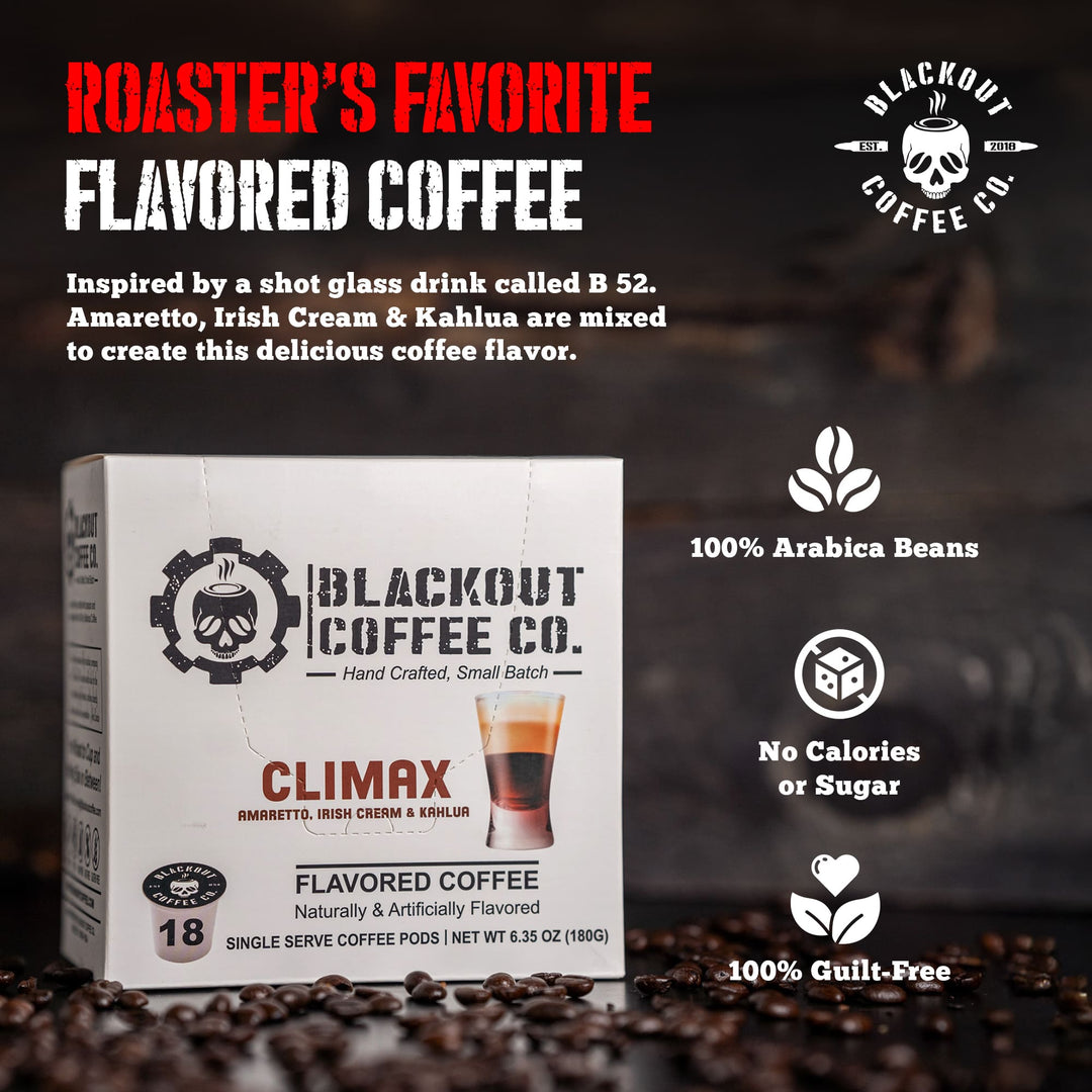 Blackout Coffee Climax Amaretto, Irish Cream & Kahlua Flavored Coffee Pods, Fresh Roasted In The Usa, K Cup Compatible, 18 Count