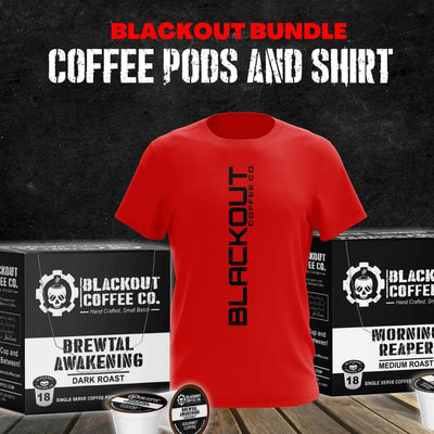 Coffee & Shirt Bundle: BLACKOUT Logo Red T-Shirt,  Morning Reaper Medium Roast Coffee Pods (18ct), Brewtal Awakening Dark Roast Coffee Pods (18ct)