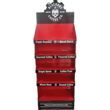 Red display rack with Blackout Coffee Co branding on a white background