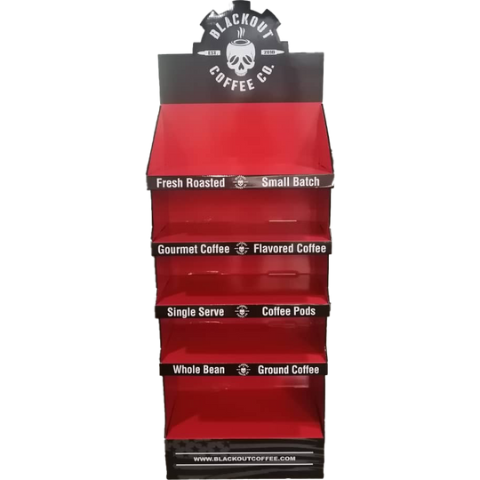 Red display rack with Blackout Coffee Co branding on a white background