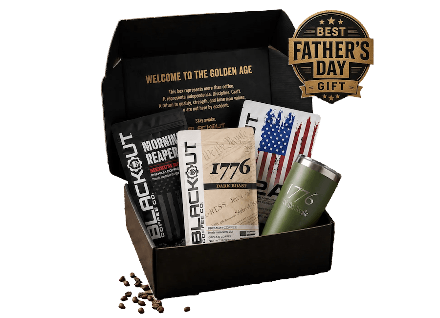 Blackout Coffee dark roast coffee bag and black coffee mug
