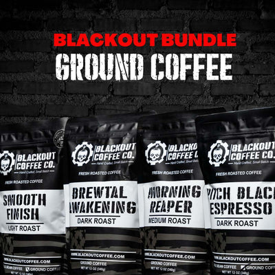Ground Coffee Pack Bundle: Pitch Black Espresso - Dark Roast,Brewtal Awakening - Dark Roast,Morning Reaper - Medium Roast,  Smooth Finish - Light Roast