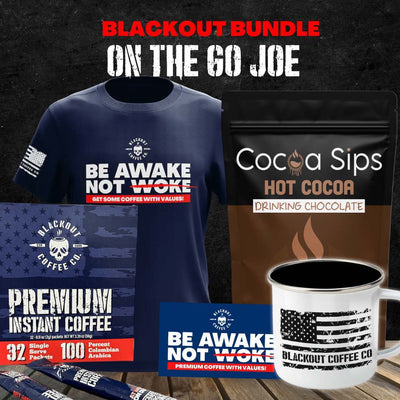On The Go Joe Bundle: Blackout Premium Instant Coffee (32 Count),Sweet Hot Cocoa,American Flag Camping Enamel Steel Mug (12 oz),Be Awake Not Woke Navy Blue T-Shirt, Be Awake Not Woke Vinyl Decal