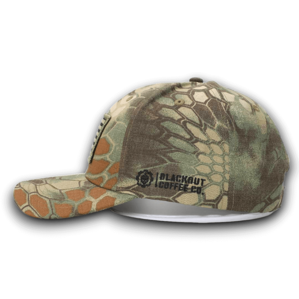 PYTHON GREEN CAMO HAT WITH AMERICAN FLAG PATCH with blackout coffee co logo.
