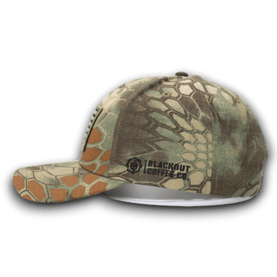 PYTHON GREEN CAMO HAT WITH AMERICAN FLAG PATCH with blackout coffee co logo.
