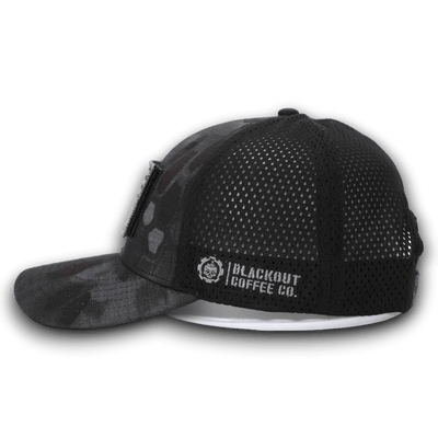 PYTHON BLACK CAMO HAT WITH AMERICAN FLAG PATCH and blackout coffe logo on the side