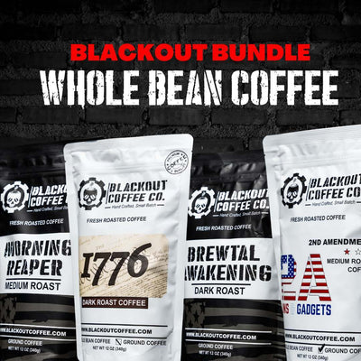 Whole Bean Coffee 4 Bag Pack: Brewtal Awakening Dark Roast, Morning Reaper Medium Roast,  1776 Dark Roast , 2A Medium Roast