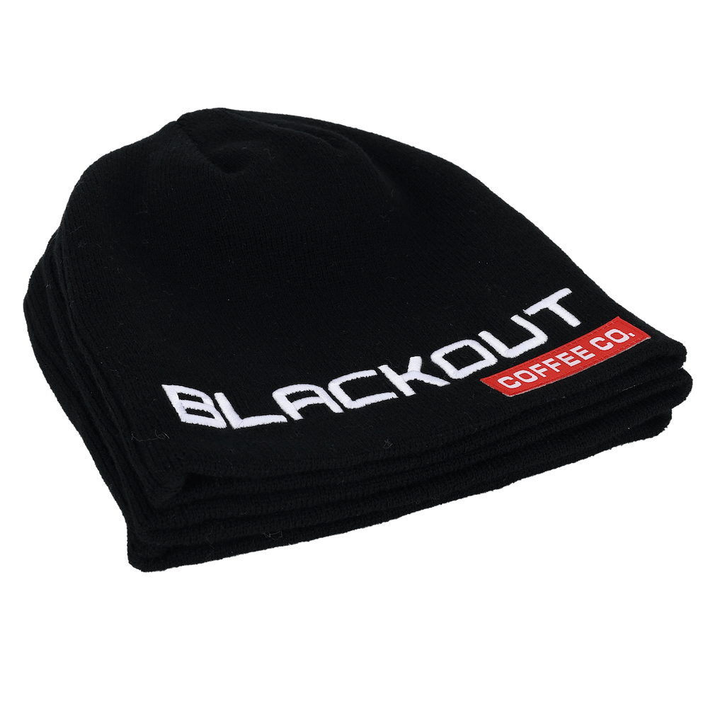 Signature Black Beanie with blackout coffee  co print