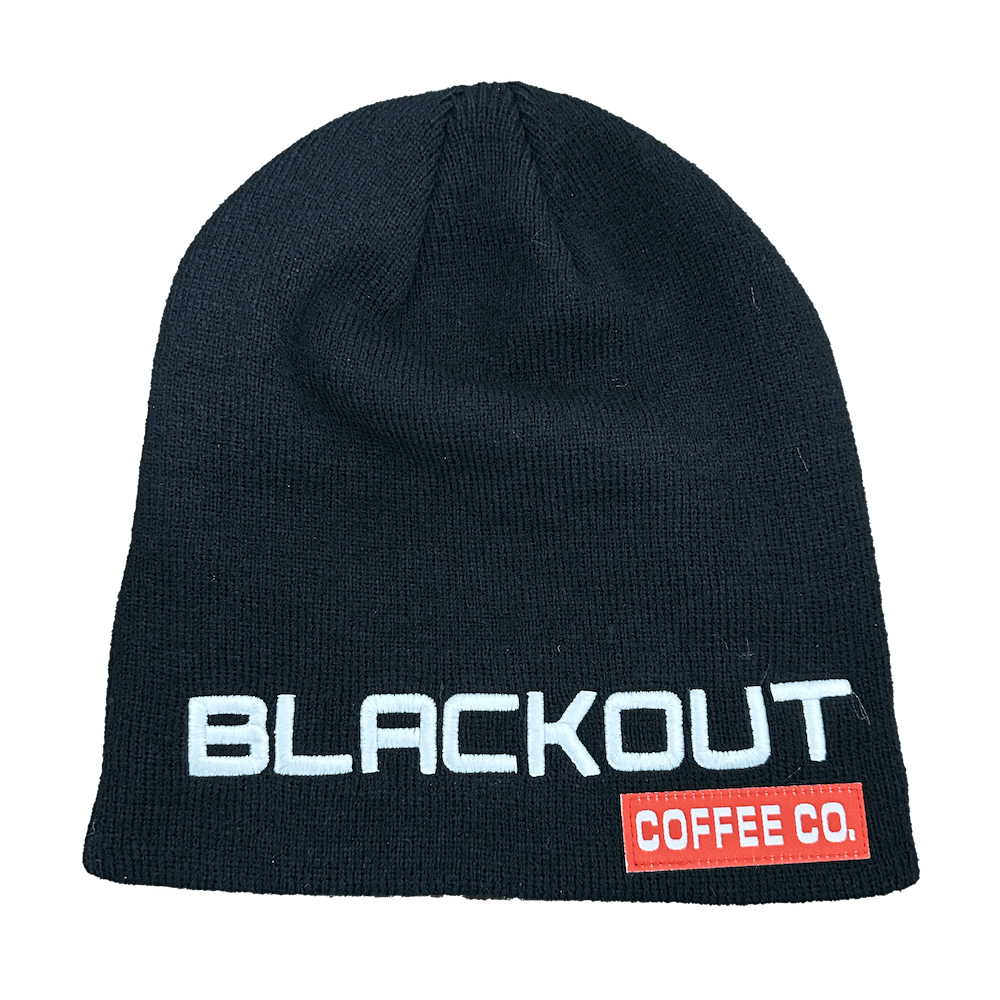 Signature Black Beanie with blackout coffee  co print