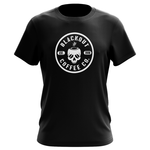 Black t-shirt with 'Blackout Coffee Co.' logo on a black background