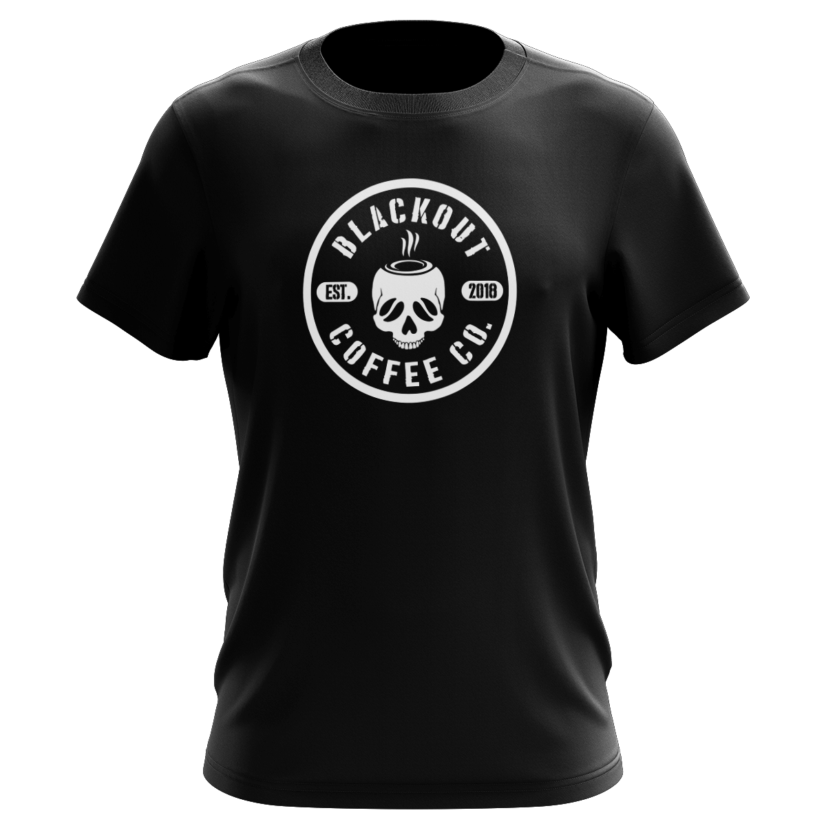Black t-shirt with 'Blackout Coffee Co.' logo on a black background