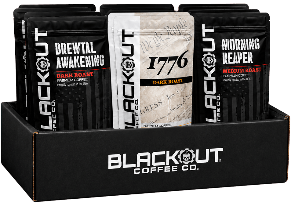 Operation Blackout care package with 6 bags of coffee, thank-you postcard, and decals