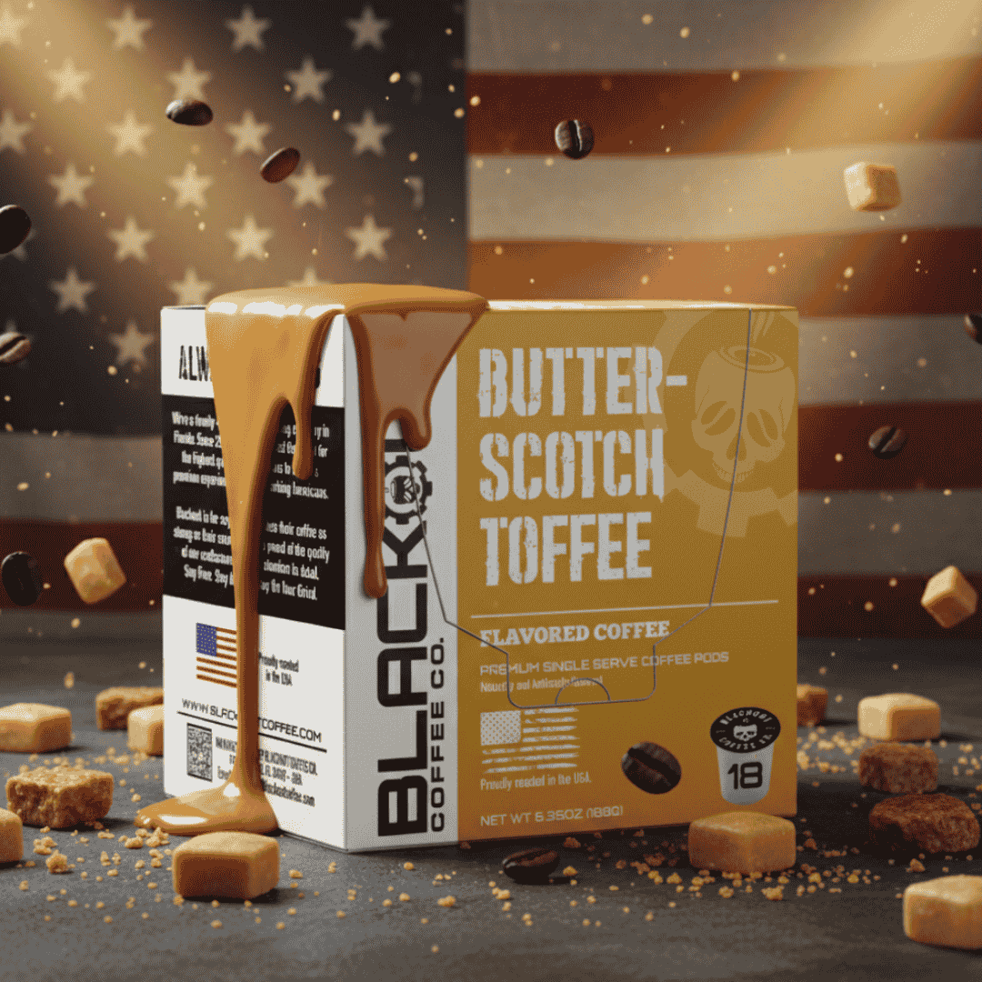BUTTERSCOTCH TOFFEE FLAVORED Coffee PODS 18CT - Blackout Coffee Co. BUTTERSCOTCH TOFFEE FLAVORED Coffee PODS 18CT - Blackout Coffee Co.