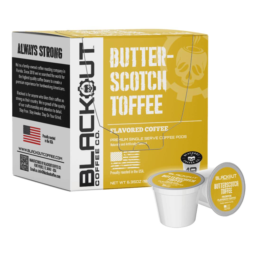 BUTTERSCOTCH TOFFEE FLAVORED Coffee PODS 18CT - Blackout Coffee Co. BUTTERSCOTCH TOFFEE FLAVORED Coffee PODS 18CT - Blackout Coffee Co.
