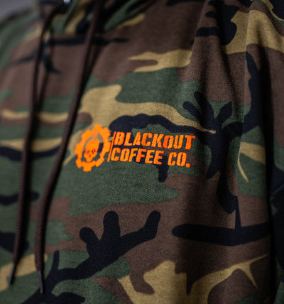 Camo Hoodie with Hunter Orange Logo of blackout coffee