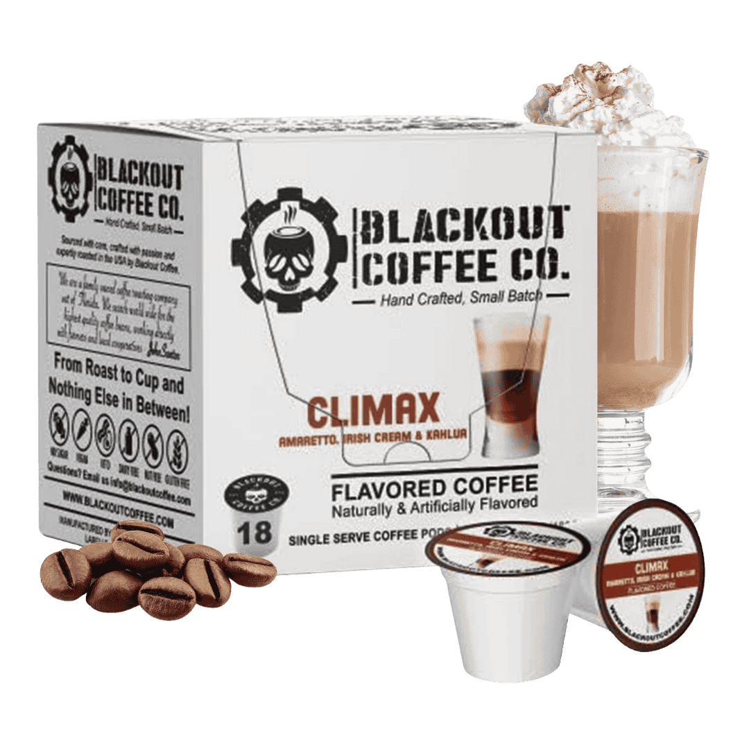 CLIMAX FLAVORED COFFEE PODS 18CT with beans

