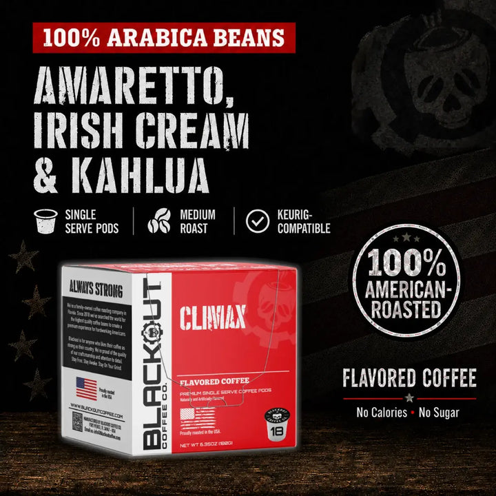 Blackout Coffee Climax Amaretto, Irish Cream & Kahlua Flavored Coffee Pods, Fresh Roasted In The Usa, K Cup Compatible, 18 Count