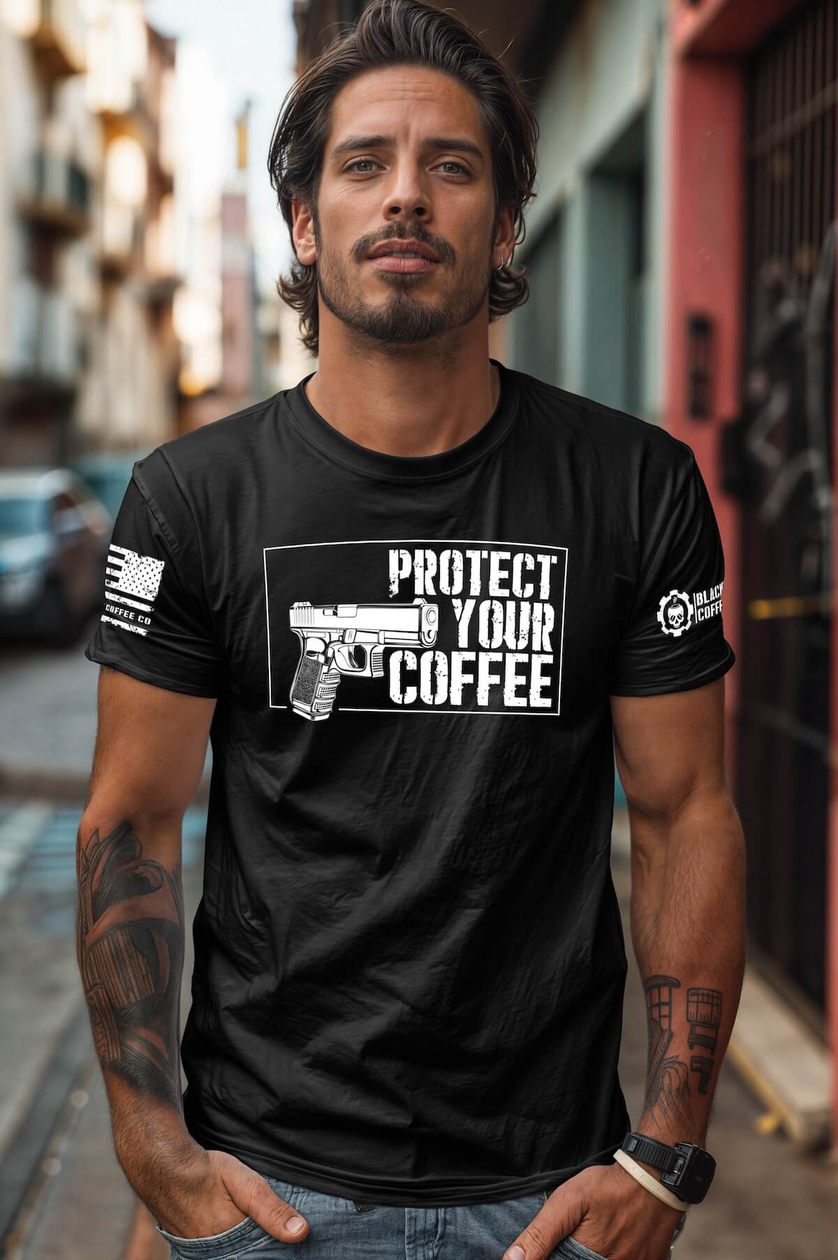 Protect Your Coffee Black T-Shirt  and printed gun 