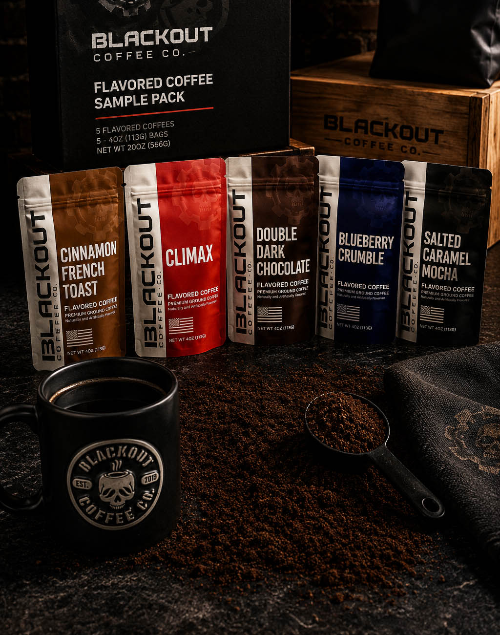 Blackout Coffee premium sample pack with five 4 oz bags