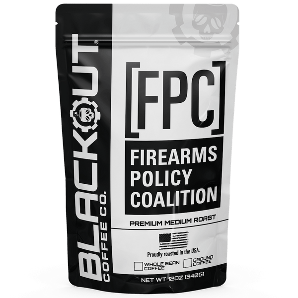 Coffee bag from Blackout Coffee Co. with Firearms Policy Coalition branding.