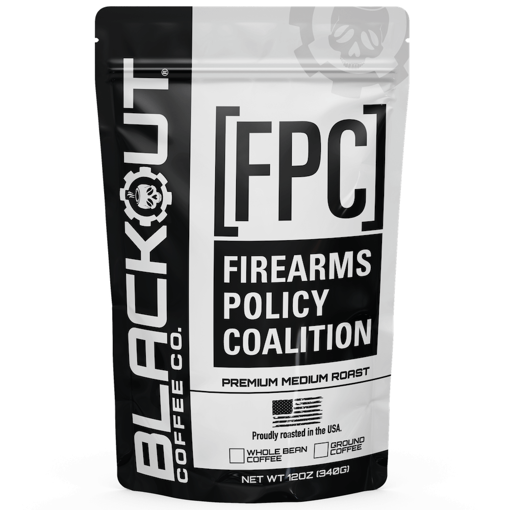 Coffee bag from Blackout Coffee Co. with Firearms Policy Coalition branding.