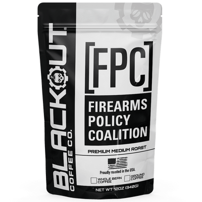 Coffee bag from Blackout Coffee Co. with Firearms Policy Coalition branding.