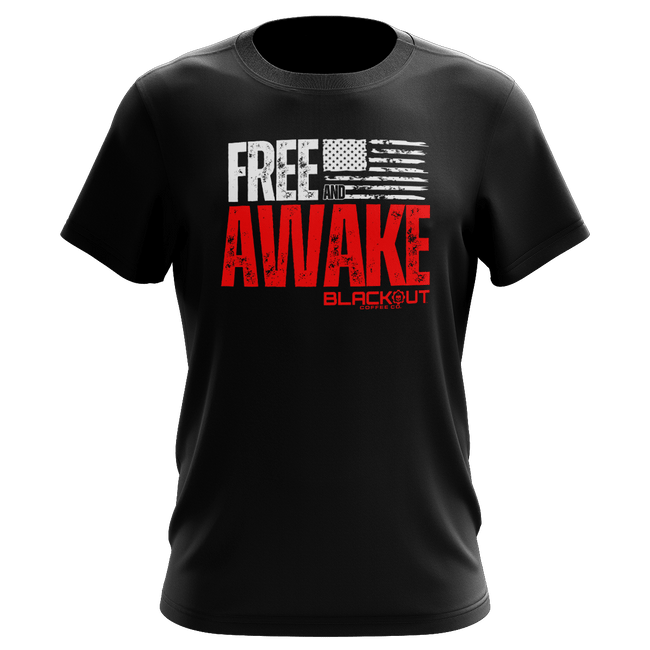 Black t-shirt with 'Free and Awake' text and American flag design on a black background