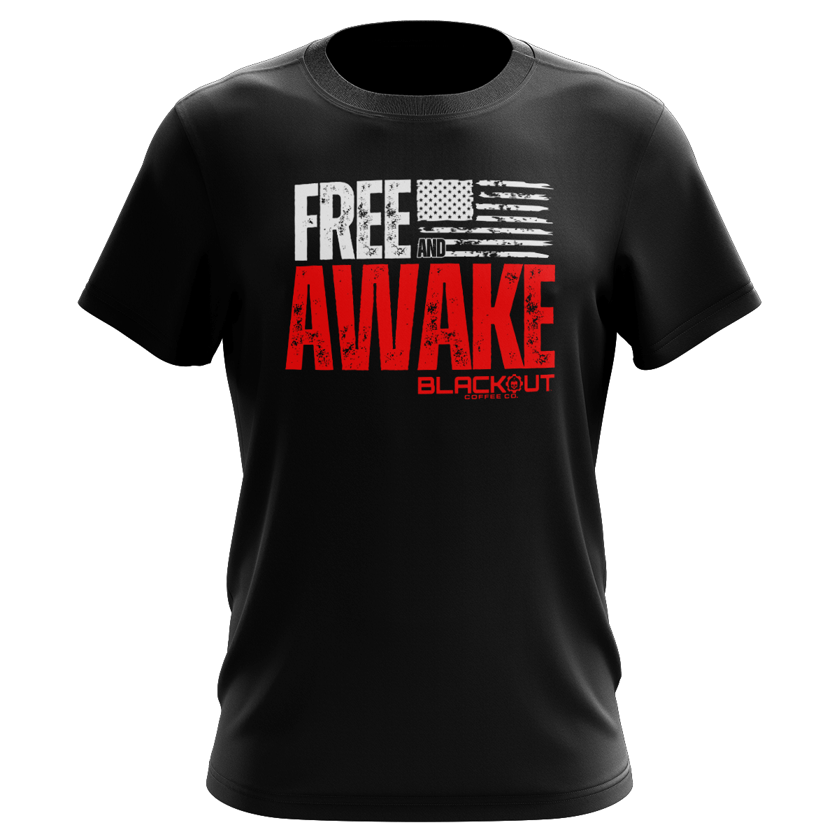 Black t-shirt with 'Free and Awake' text and American flag design on a black background
