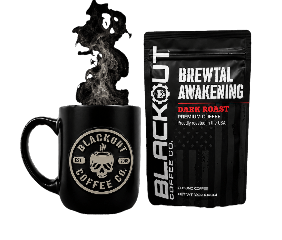 Blackout Coffee dark roast coffee bag and black coffee mug