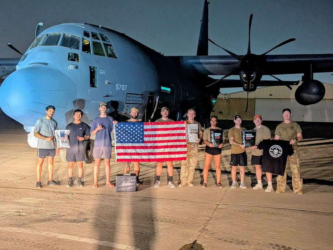 American soldiers holding the American Flag and Blackout Coffee