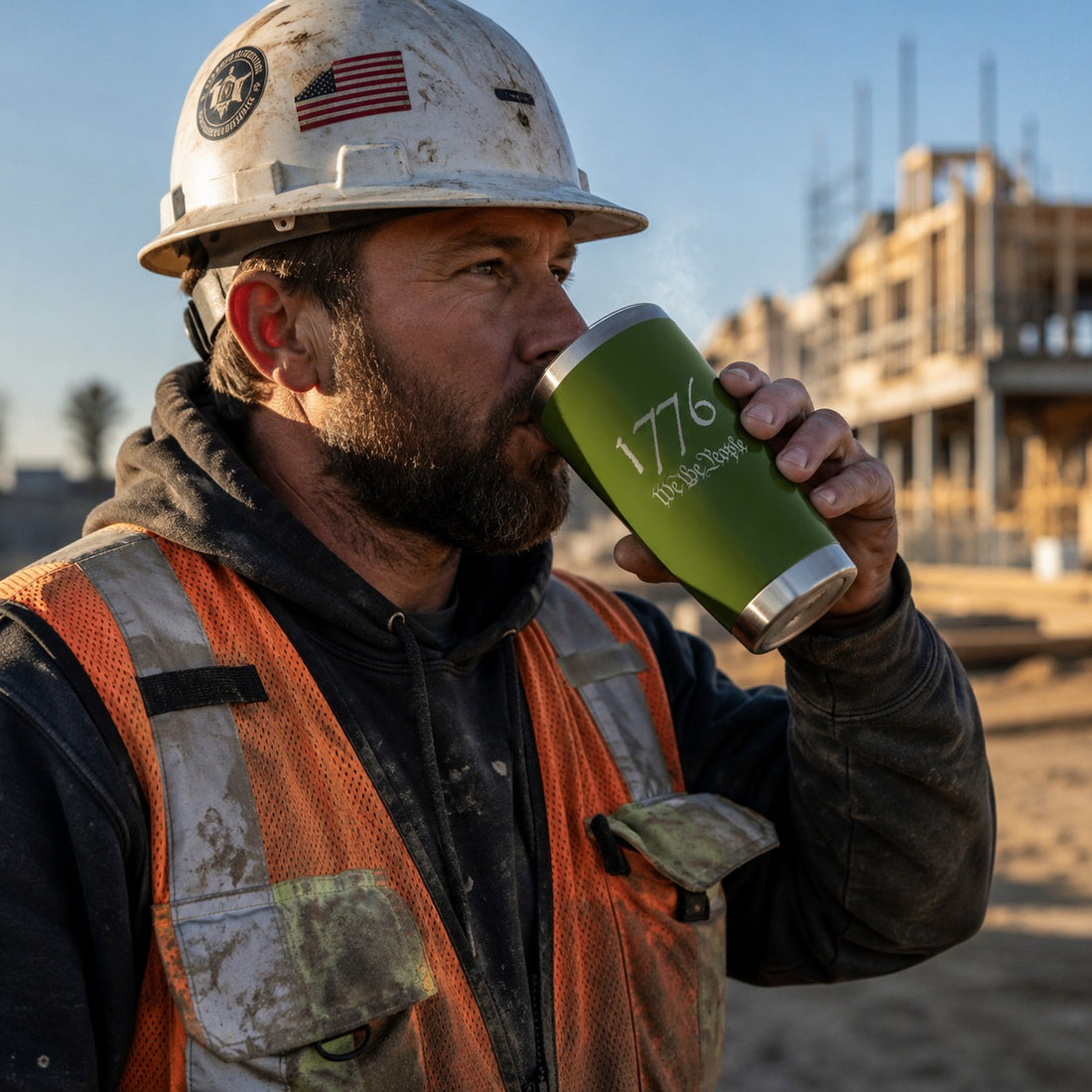 Construction worker drinking Blackout from tumbler