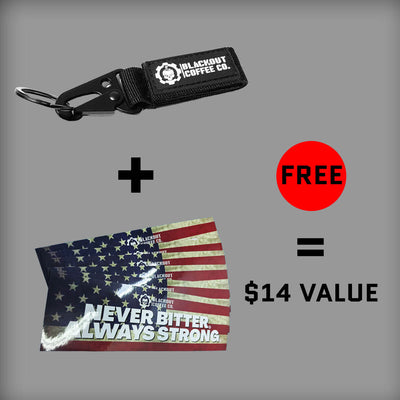 Blackout Coffee Co. keychain and American flag-themed product with promotional text on a gray background
