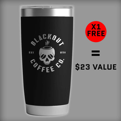 Black tumbler with 'Blackout Coffee Co.' logo on a gray background