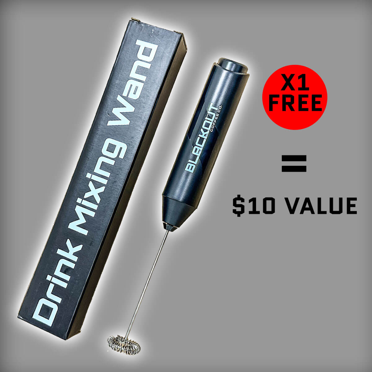 Drink mixing wand with packaging and promotional text on a gray background